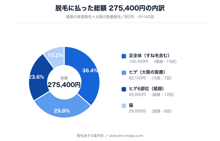 脱毛に払った総額275,400円の内訳。足全体100,300円・大阪の医療82,100円・ヒゲ6部位65,000円・脇28,000円